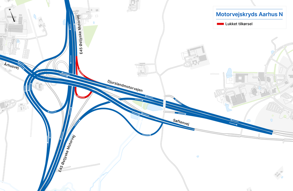 Trafikanter, der skal nord på ad E45 ved Aarhus N, må i en periode ud på en omkørsel. Kort: Vejdirektoratet